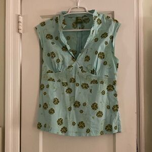 Like new SKFK aqua blue print cotton elastane top with mandarin style collar.